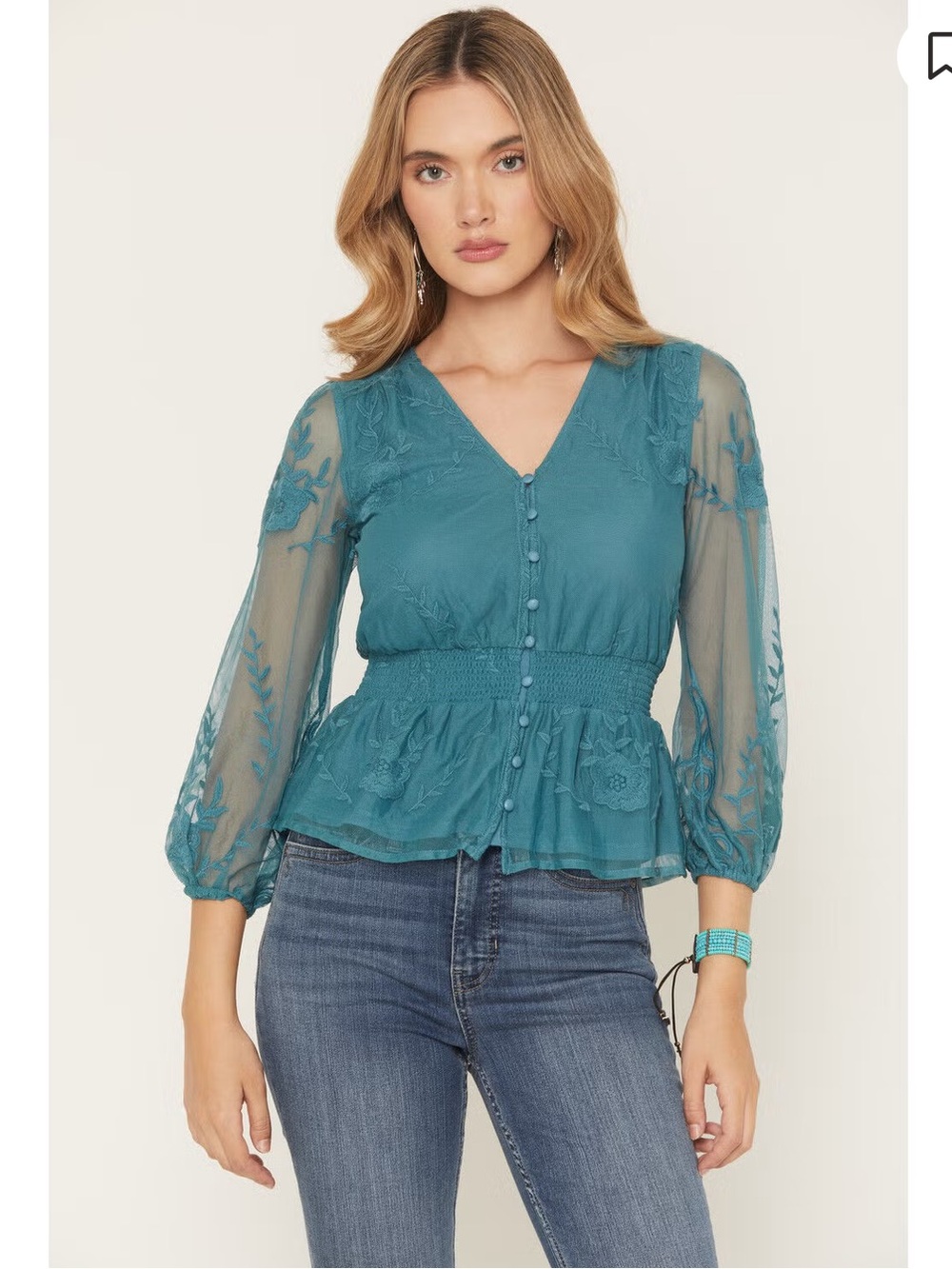 Shyanne Teal Embroidered Mesh Button-Down Peplum Blouse